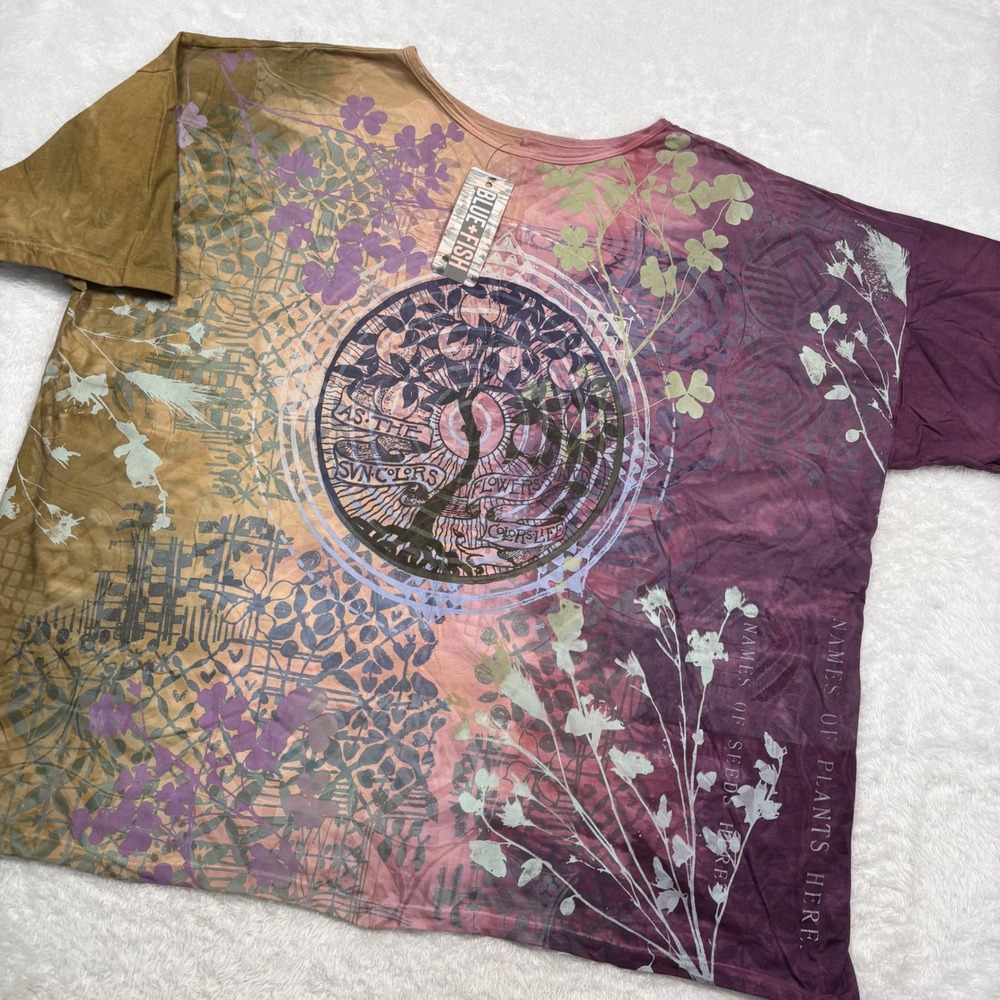 VTG Blue Fish T-Shirt Mens 4XL Tree of Life‎ Hand Print BOXY Organic Cotton USA